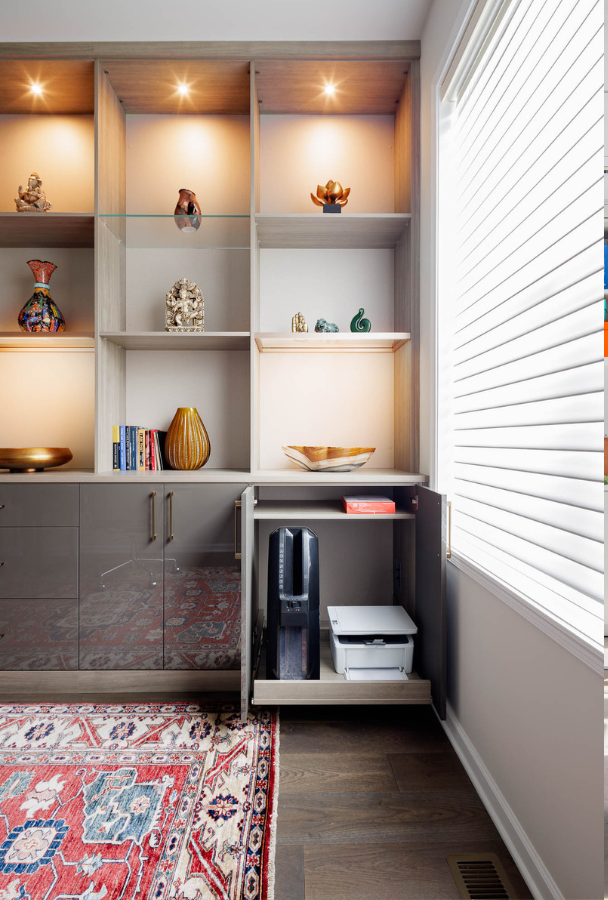 High Gloss Gray Wall Unit Img 3 California Closets Hudson Valley New York Gray and White Home Office Custom Wall Unit Custom Home Office with High Gloss Gray Drawers, Glass Shelves, Closet Lighting, and Bookshelves Slide Out Printer