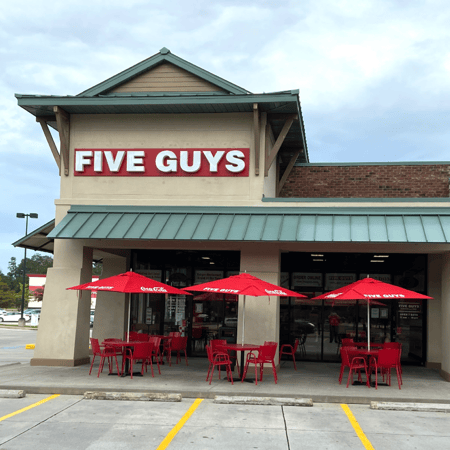 Entrance to the Five Guys restaurant at 70415 Highway 21 in Covington, Louisiana.