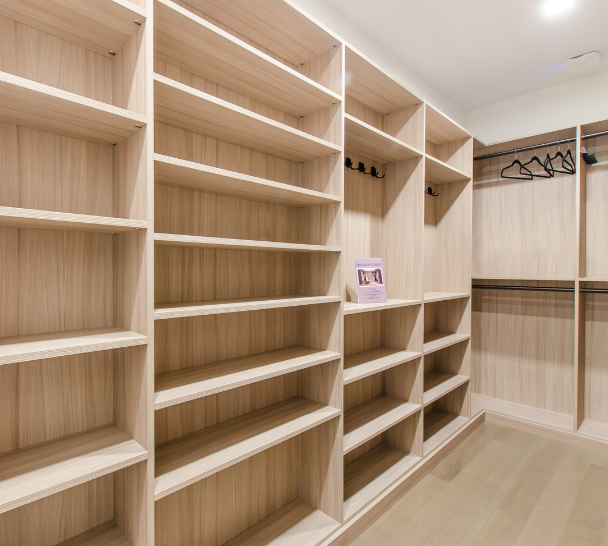 Natural Wood Walk-In Closet California Closets Manhattan NY Full Room Walk-in Closet in Natural Wood Color with Different Shelving Areas, and Double Hanging