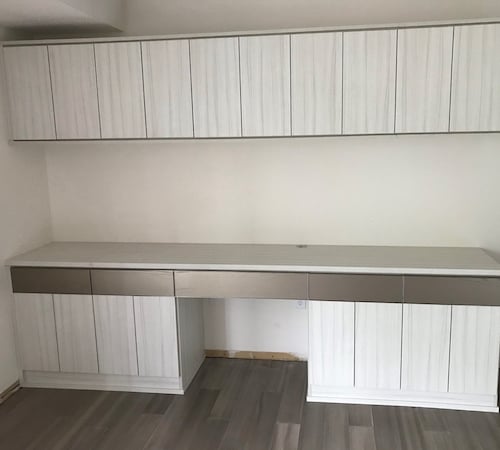 Home Office with White Cabinets and Contrasting Drawers