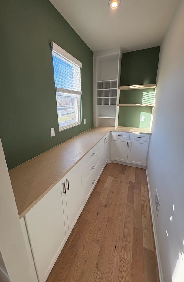 Custom Pantry Solution Custom Pantry with a Butcher Block countertop