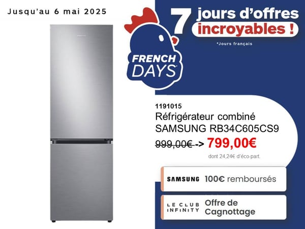 ❄️ French Days : Réfrigérateur Samsung à 799€ + 100€ remboursés chez Boulanger Saint-Orens ! 🧊