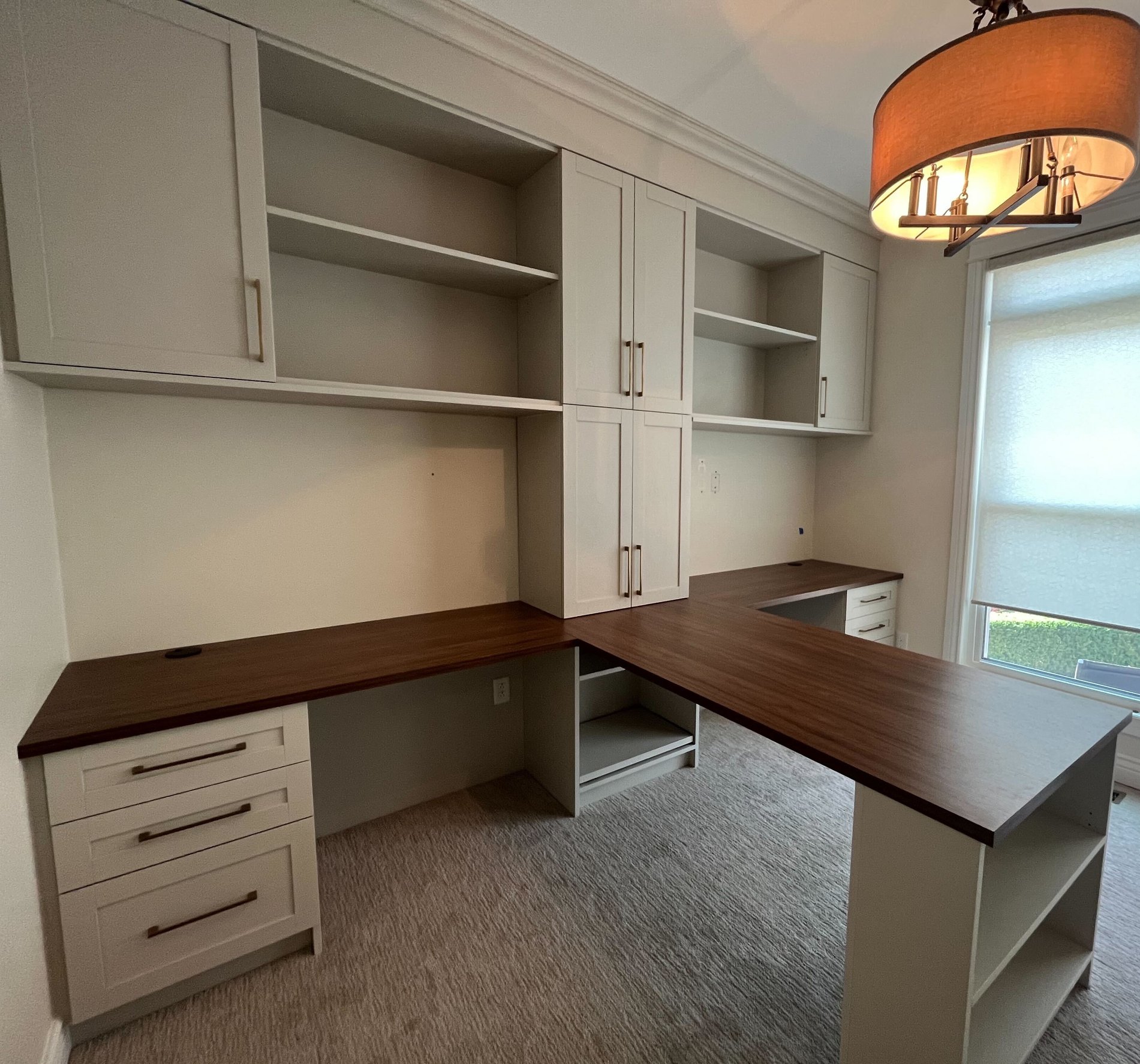 Perfect at home office! custom desk with a T shape, drawers and storage cabinets