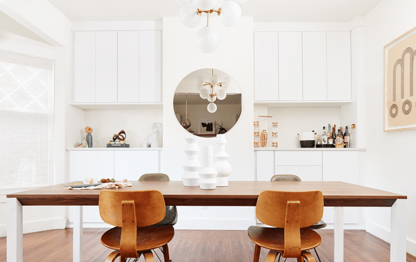 Luxe pantry storage Luxe office with white wall storage and mirror by California Closets Portland, Oregon.