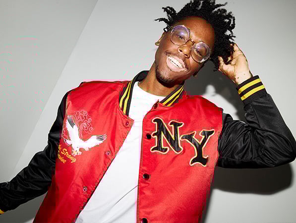 guy in red leather NY jacket ready for fall shopping at rue21