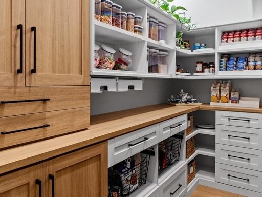 This custom pantry by California Closets pairs crisp white cabinetry with warm, natural wood finishes for a fresh, functional space. Designed with thoughtful organization in mind, the layout features a mix of deep drawers, open shelves, and wire baskets to keep dry goods, snacks, and kitchen staples neatly stored and easily accessible. Upper shelving offers display space for labeled containers, while tall cabinets conceal bulkier items. Black hardware adds a modern contrast, and the integrated wood countertop provides extra prep or staging space. Finished with lush greenery above, this pantry effortlessly combines utility with elevated style. Upper shelving offers display space for labeled containers, while tall cabinets conceal bulkier items. Black hardware adds a modern contrast, and the integrated wood countertop provides extra prep or staging space.