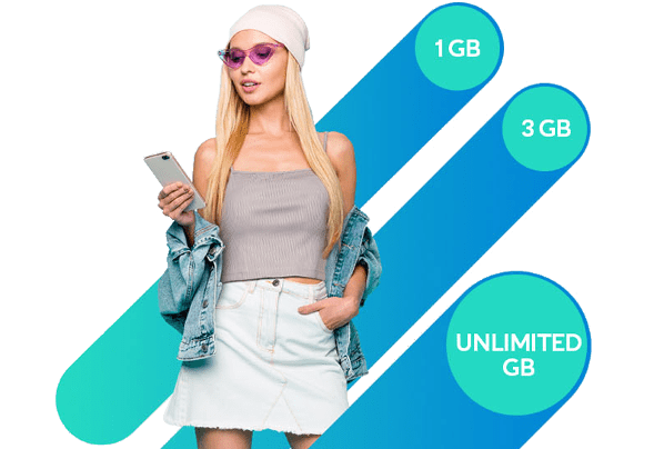 Blond haired woman contemplating Optimum Mobile's 1, 3 and unlimited gigabit plans