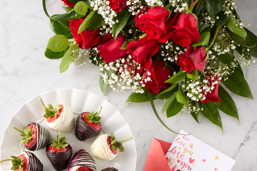 valentines day red roses and chocolate covered strawberries
