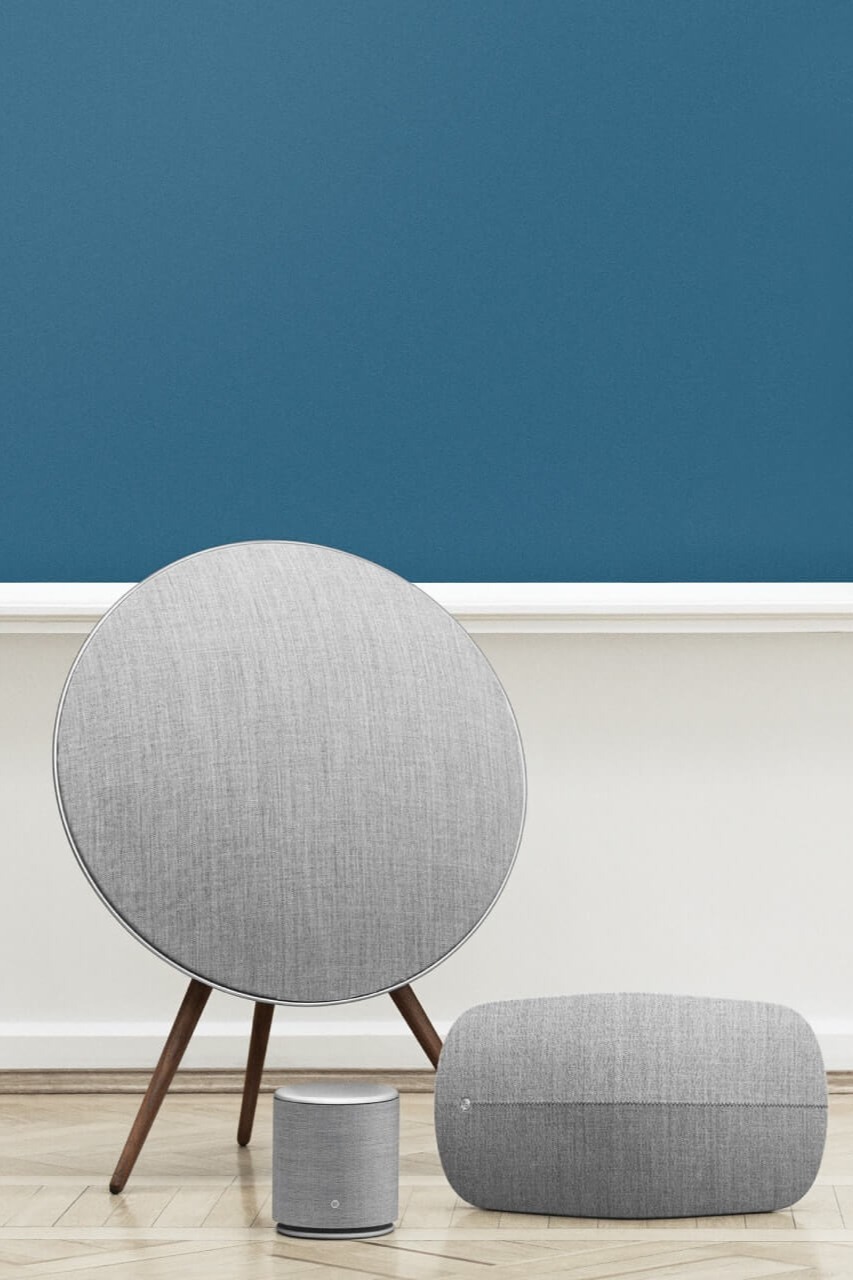Natural collection of Beoplay A9 and Beoplay M5 in a large room with blue walls