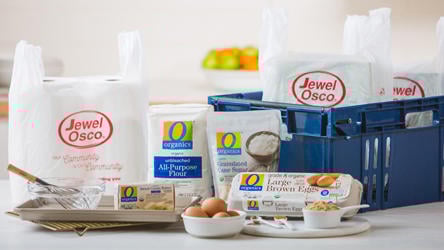 Grocery Delivery - Basket with grocery bags and groceries such as flour, eggs and sugar