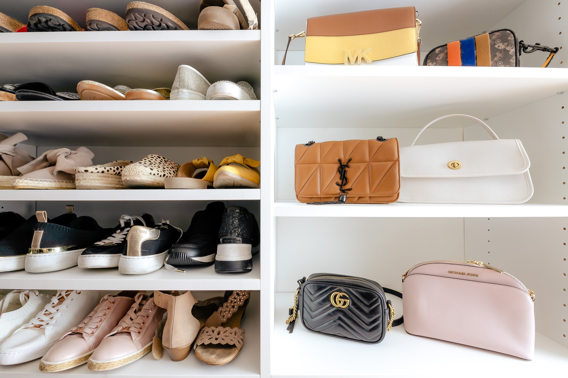 Walk-in Closet Shelves Close up of shelving where homeowner is storing shoes and handbags