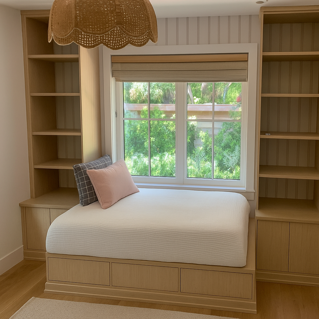 Window Seat & Built-In Shelving Custom built-in window seat with surrounding wood shelving, integrated drawers, cushion seating, and book storage.
