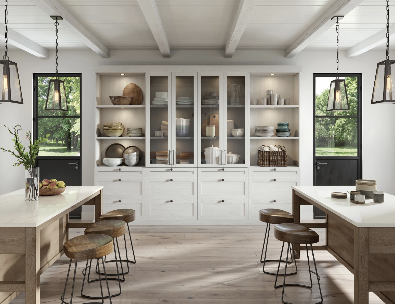 Minimalist design with natural wood tones and crisp white pantry | California Closets Austin A modern pantry design with light wood cabinetry, open shelves, and glass-front cabinets. The space features two islands with wood stools, black-framed doors with large windows, and pendant lights hanging above. The design combines clean lines and natural materials for a minimalist yet functional kitchen space.