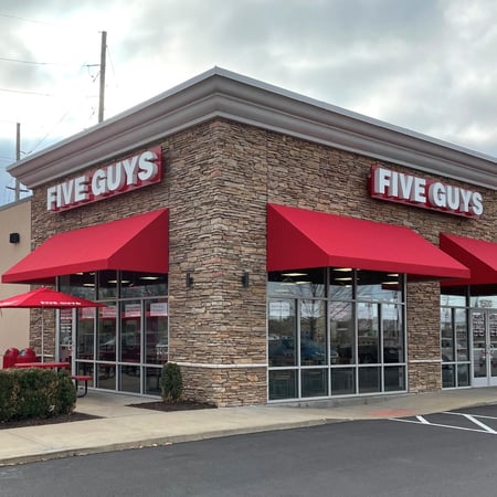 Exterior photograph of the Five Guys restaurant at 1500 South Kirkwood in Sunset Hills, Missouri.