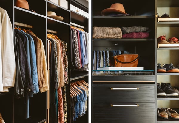 Floor to ceiling wall to wall custom closet storage with open shelving and white leather wrapped hardware in a black finish with a woodgrain texture, California Closets Austin, Texas.