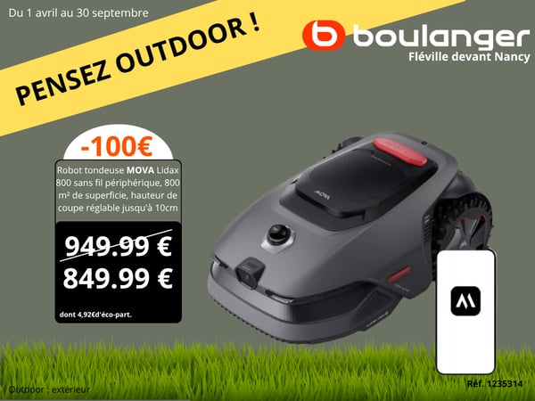 Robot tondeuse MOVA Lidax 800 sans fil périphérique, 800 m² de superficie, hauteur de coupe réglable jusqu'à 10cm