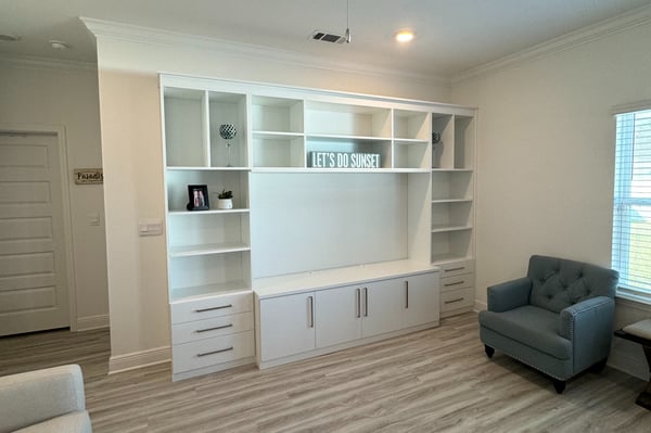 Crisp white media center with bookshelves and drawers Pensacola & Panama City, Florida