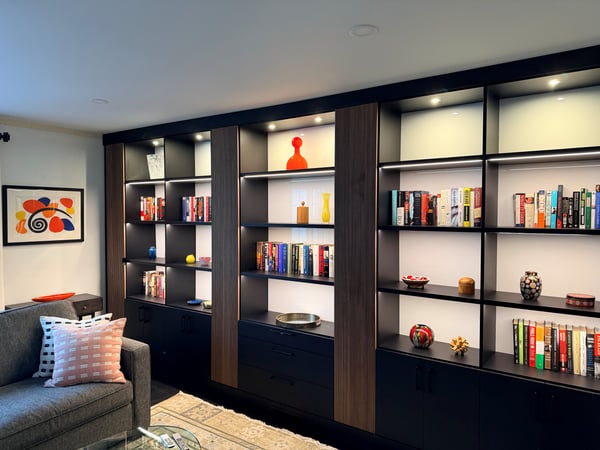 Black and walnut library with lighting