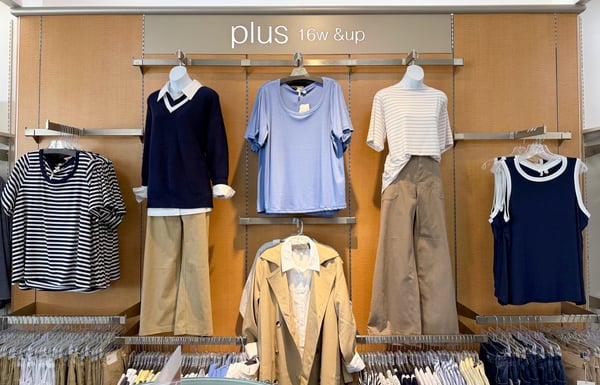 Plus size tops, plus size pants and plus size sweaters for women are displayed on a brown wall labeled "Plus 16W & Up" inside of a Cato Fashions store.