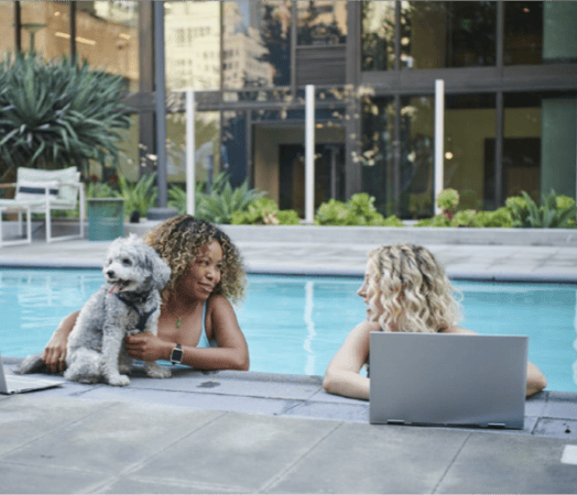 Mujeres con sus computadoras portátiles hablando en una piscina