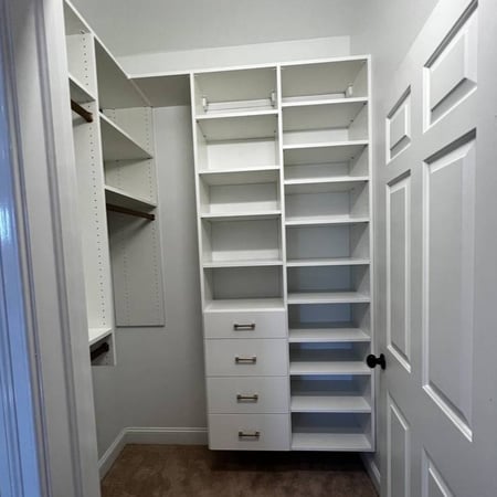 Greensboro - Custom closets - White walk-in closet with shelves and drawers