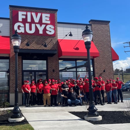 Exterior photograph of the Five Guys restaurant at the crew working at 1125 Haines Road in York, Pennsylvania.