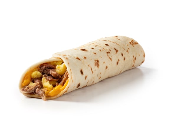 A breakfast taco with egg, cheese and brisket.