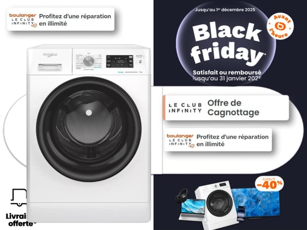 Lave-linge Whirlpool hublot en promotion Black Friday chez Boulanger Toulouse Colomiers – machine à laver séchante, top ou connectée, grandes marques Whirlpool, Bosch, LG, Samsung, Beko, jusqu’à -40 % et livraison gratuite.
Lave-linge disponible chez Boulanger Toulouse Colomiers – Machine à laver frontale, top ou connectée, modèles aussi disponibles chez Whirlpool, Bosch, Samsung, LG, Electrolux et Siemens.