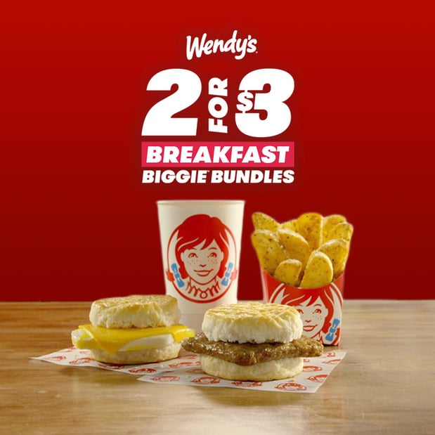 Wendy’s NEW Breakfast 2 for $3 Biggie Bundles lets you pick the breakfast you want all for just 3 bucks. Your choice of the Sausage Biscuit, Egg & Cheese Biscuit,  Small Seasoned Potatoes, or a Medium Hot Coffee.