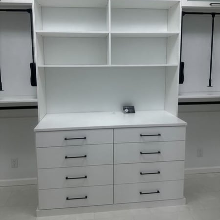 Greensboro - Custom closets - White walk-in closet with shelves and drawers