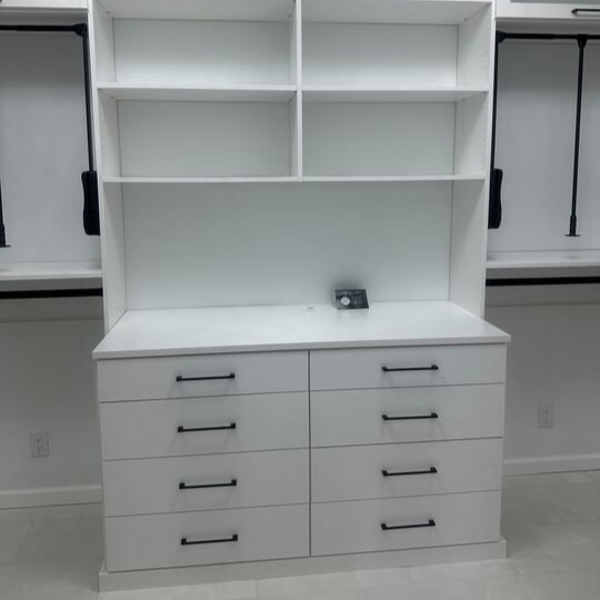 Greensboro - Custom closets - White walk-in closet with shelves and drawers