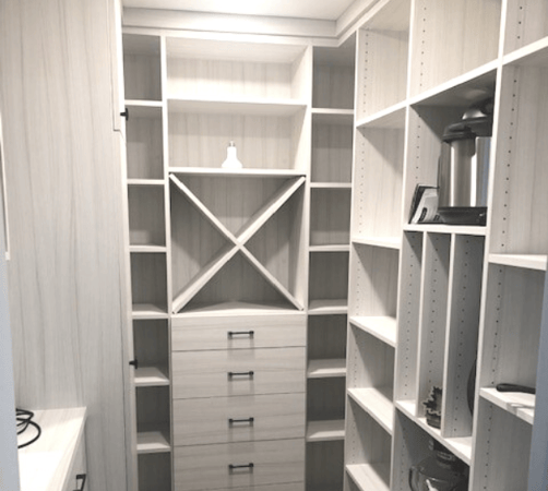 white walk-in pantry with shelving and drawers for food & kitchen appliance storage