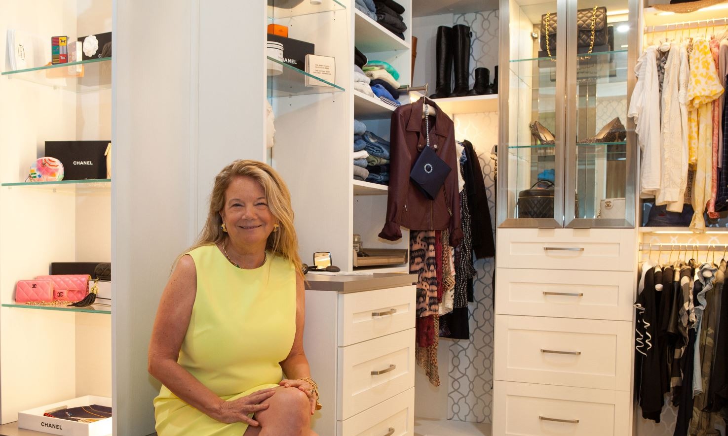 Custom Walk-In with Glass Shelves, Lighting Displays, and Jewelry Drawers