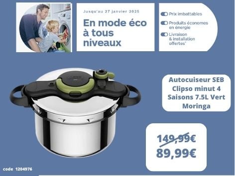découvrez le Autocuiseur SEB Clipso minut 4 Saisons 7.5L Vert Moringa dans votre magasin Boulanger Boulogne-Sur-Mer