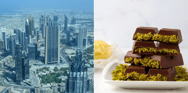ドバイの街並みのイメージ ／ ドバイチョコレートのイメージ