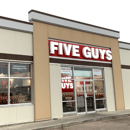 Entrance to the Five Guys restaurant at 2030 50th Avenue in Red Deer, Alberta, Canada.