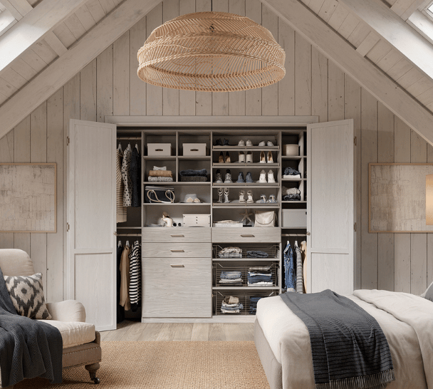 Custom Reach-In Closet Built-In Cabinetry Open Shelving Drawer Storage Double Hanging Sections Shoe Storage Light Grey Wood Finish by California Closets South Palm Beach Florida