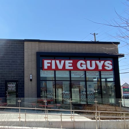Store front of the Five Guys at 20 Clair Road West in Guelph, ON.