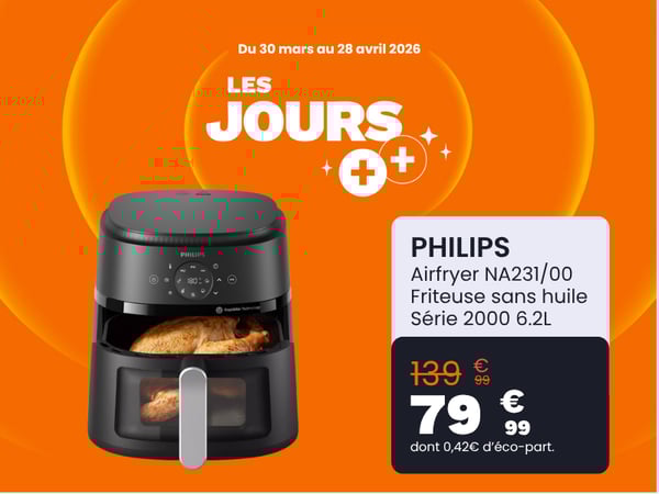 les jours ++, offre , promo, Airfryer PHILIPS NA231/00 Friteuse sans huile avec fenêtre de cuisson Noir/Argent, Série 2000 6.2L