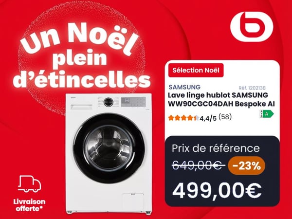 🎄 Offrez-vous la performance Samsung à prix magique. Craquez pour le lave-linge Samsung Bespoke AI : un design élégant, une technologie intelligente et des performances exceptionnelles pour un linge impeccable au quotidien. À l’occasion de Noël, profitez d’une offre exclusive à 499 € et venez le découvrir dès maintenant en magasin. Stock limité – ne laissez pas passer cette occasion ✨