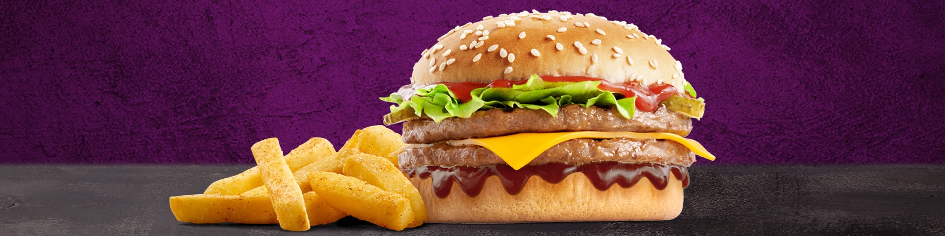 Get the NEW Ya’Vaya™ burger meal. It’s got two 100% beef patties, BBQ Sauce, dills, lettuce, and Cheese with a side of our Famous Hand-Cut chips set against a purple background