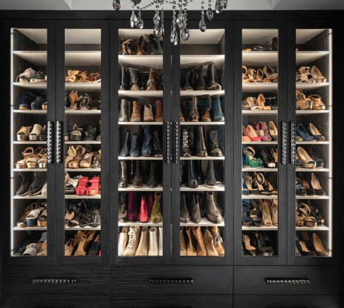 Custom black wardrobe unit with LED lighting shoe shelving, glass doors, bottom drawers, high gloss white shelving, Poughkeepsie New York