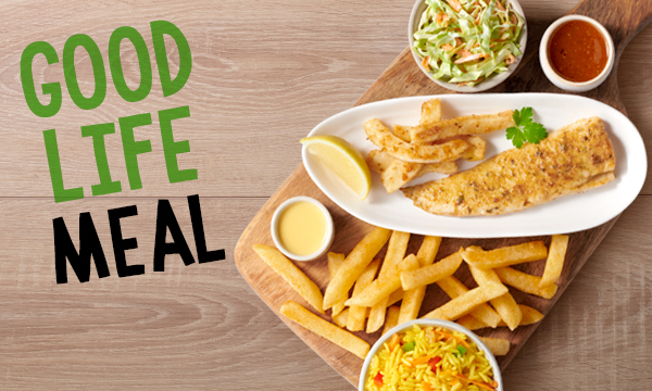 Good Life Meal – a seafood platter for one from Fishaways Northmead Square with grilled hake, calamari, chips, rice and coleslaw.