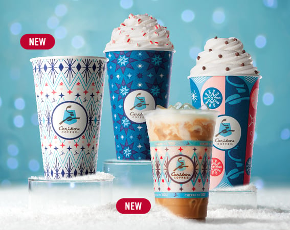 Four different holiday drinks from Caribou Coffee.