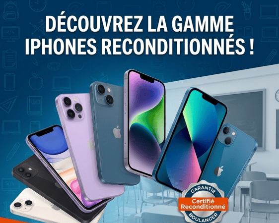 La technologie Apple de pointe, accessible à prix réduit. Venez tester et découvrir les derniers modèles d'iPhone reconditionnés certifiés directement dans votre magasin Boulanger Thillois (Reims).

Pourquoi choisir un iPhone reconditionné à Boulanger Thillois ?
📱 Des économies intelligentes : Profitez d'un iPhone performant à un prix nettement inférieur à celui du neuf. Équipez-vous malin !

🌿 Un choix durable : En optant pour le reconditionné, vous participez activement à la réduction des déchets électroniques et à la préservation des ressources.

🛡️ Qualité & Garantie Boulanger : Nos iPhones reconditionnés sont rigoureusement testés par des experts et bénéficient de la garantie Boulanger pour votre tranquillité.

🤝 Conseil & Prise en main : Nos experts Téléphonie vous accueillent pour transférer vos données et vous montrer comment tirer le meilleur parti de votre iPhone reconditionné.

Où trouver votre modèle ?
Rendez-vous directement au rayon Téléphonie de votre magasin Boulanger Thillois - Parc Commercial de Thillois (51370) pour découvrir notre stock disponible.