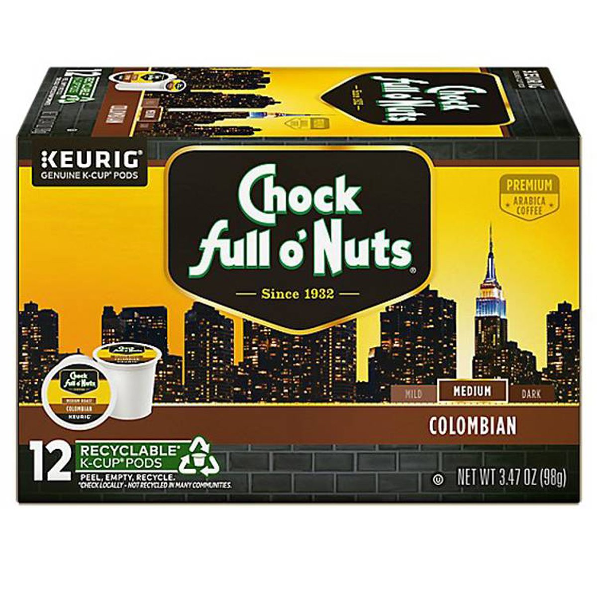 Chock Full o'Nuts Single Serve 12 Count Colombian K-Cup, 3.47 oz