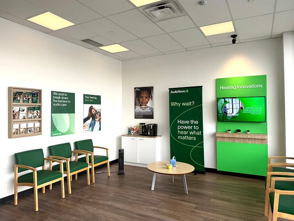 Interior photo of waiting area in the AudioNova hearing clinic in Downers Grove, IL