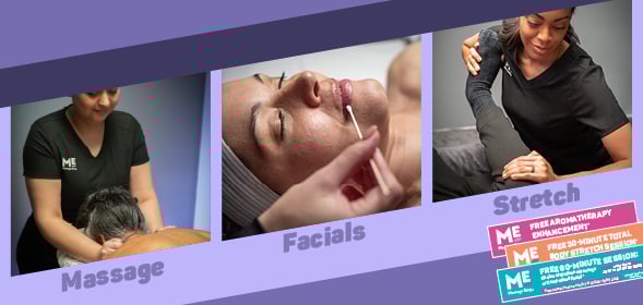 Collage of massage, facial, and stretch services available at Massage Envy.