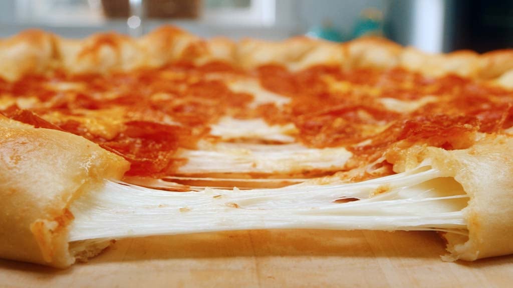 Papa Murphys take and bake pepperoni pizza with cheesy stuffed crust.