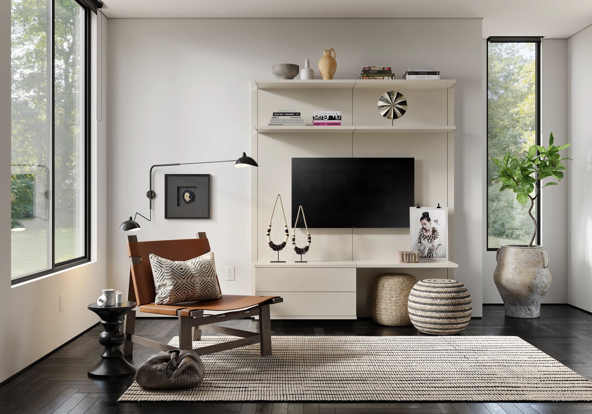 Modern media center in Morning Light finish with floating shelves and hidden storage.